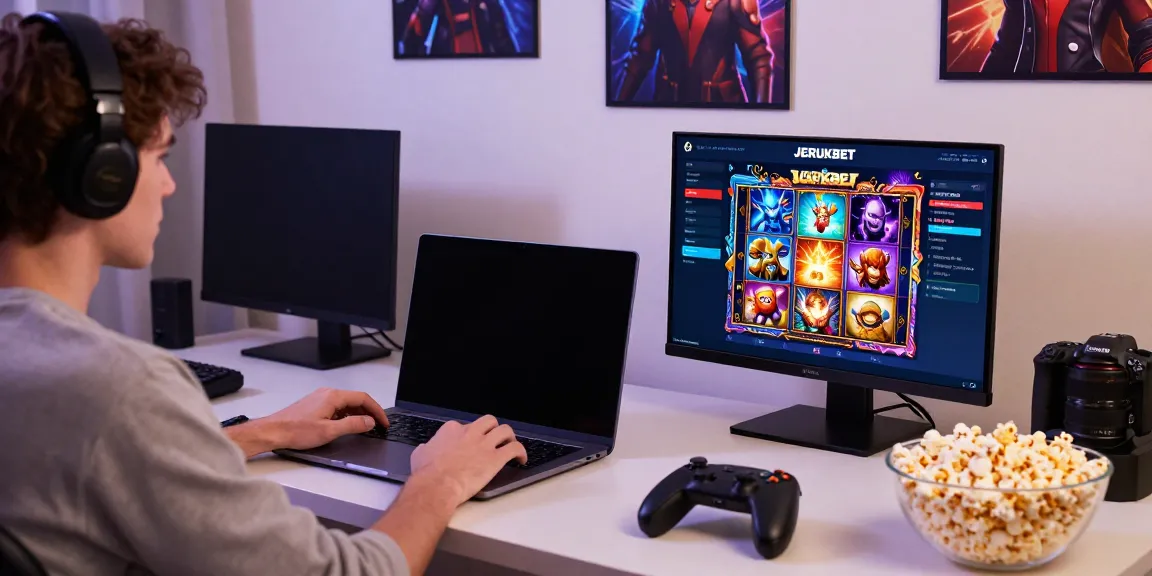 Player enjoying JERUKBET online slot games from a modern living room, showcasing dynamic gaming atmosphere.
