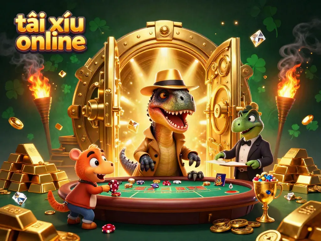 Experience the thrilling action of tài xỉu online with our playful cartoon velociraptor in a casino setting!