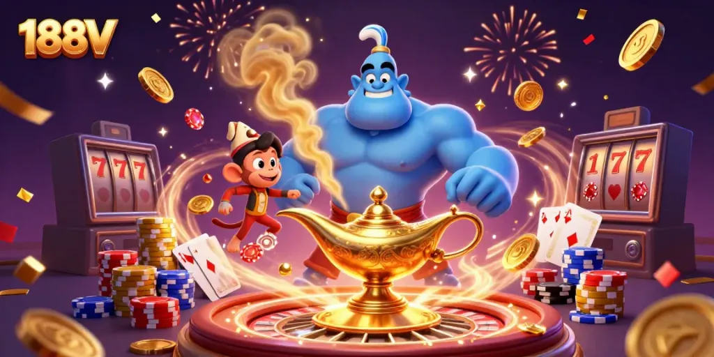 Experience the thrill of 188V with a vibrant 3D casino scene featuring a genie, monkey, and poker chips.