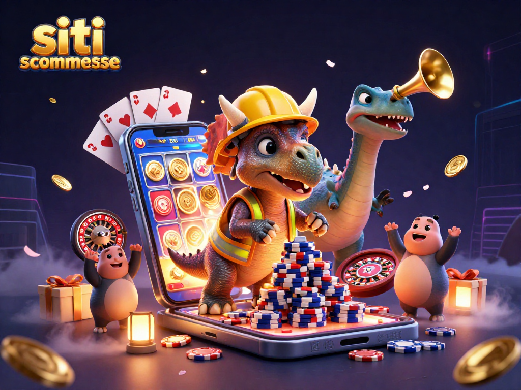 Il triceratopo e altri dinosauri celebrano i siti scommesse, circondati da elementi di gioco.