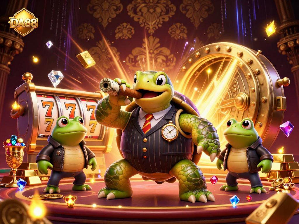 Join the action at DA88 with a cartoon turtle in a mobster suit, surrounded by slot reels and gold treasures!
