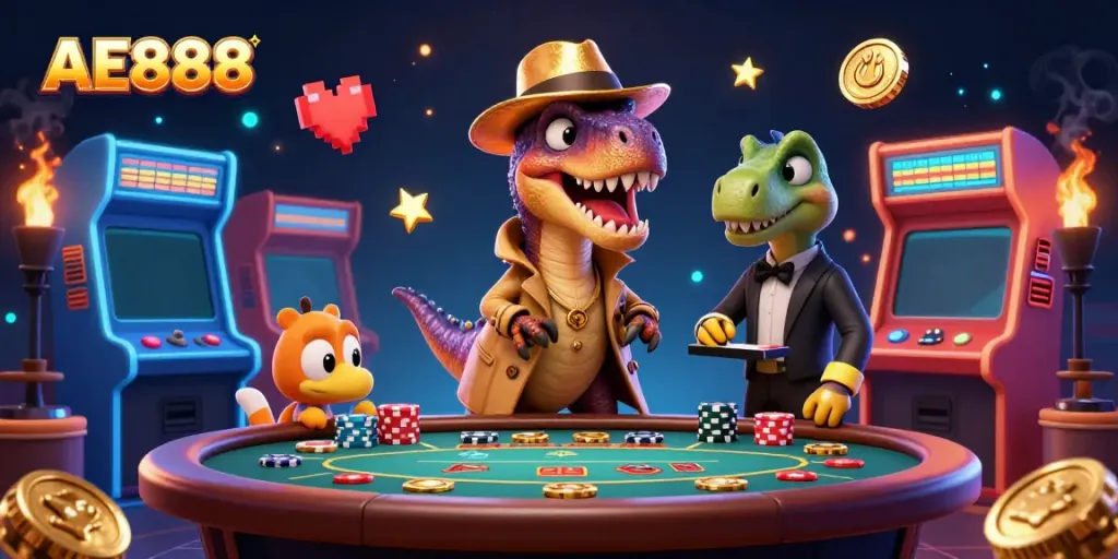Animated velociraptor at AE888 blackjack table, surrounded by casino game elements.