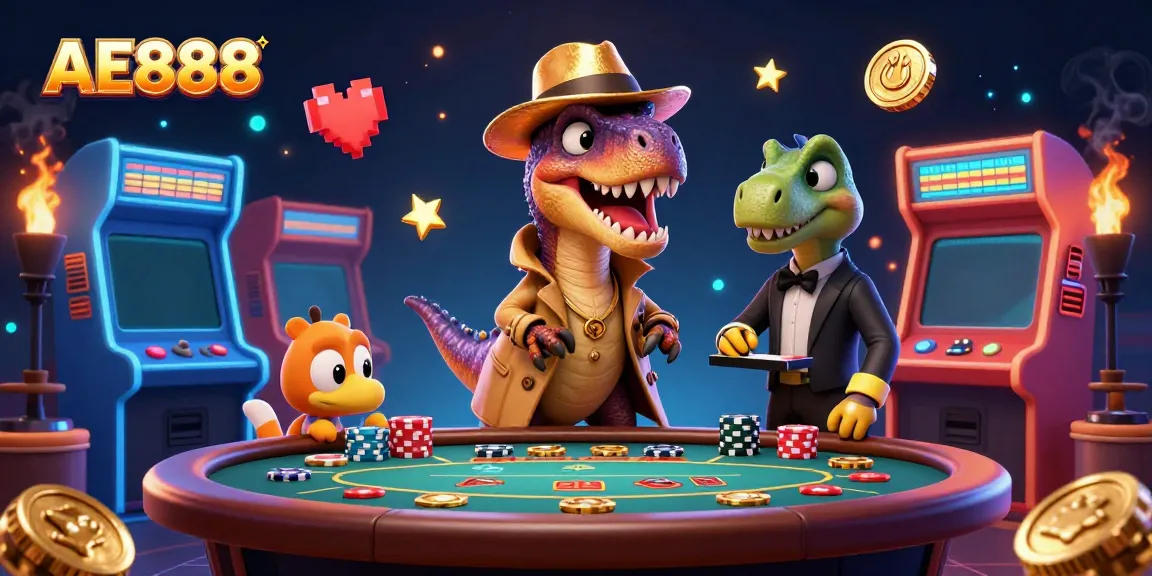 Animated velociraptor at AE888 blackjack table, surrounded by casino game elements.
