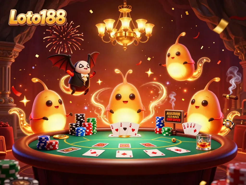 Experience the excitement of Loto188 with a vibrant casino scene featuring glowworms and a bat dealer.