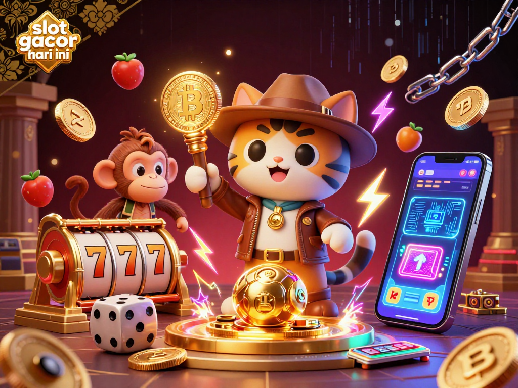 Win at slot gacor hari ini with an adventurous cat and monkey exploring a golden casino artifact.
