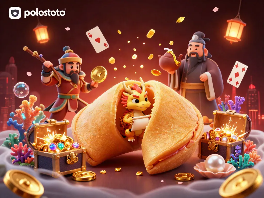 Experience the excitement of polostoto with a golden fortune cookie and dragon in a vibrant casino scene.