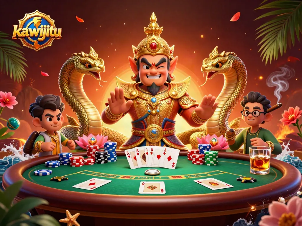 Menggoda pemain dengan variasi permainan kasino di kawijitu, ditampilkan oleh penjaga kuil Thailand dengan naga dan chip poker.