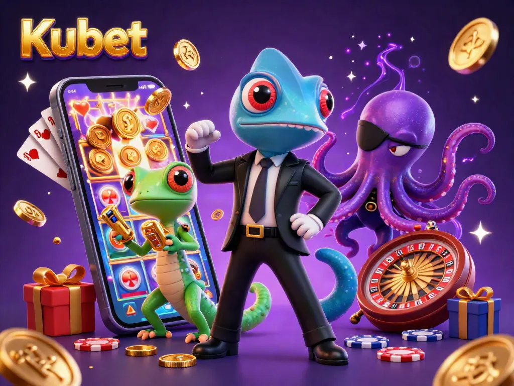 Kubet features a vibrant 3D casino scene with a colorful slot game, showcasing golden coins and engaging characters.