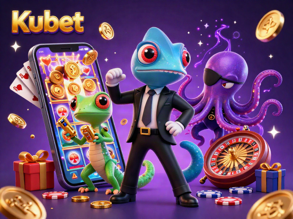 Kubet features a vibrant 3D casino scene with a colorful slot game, showcasing golden coins and engaging characters.