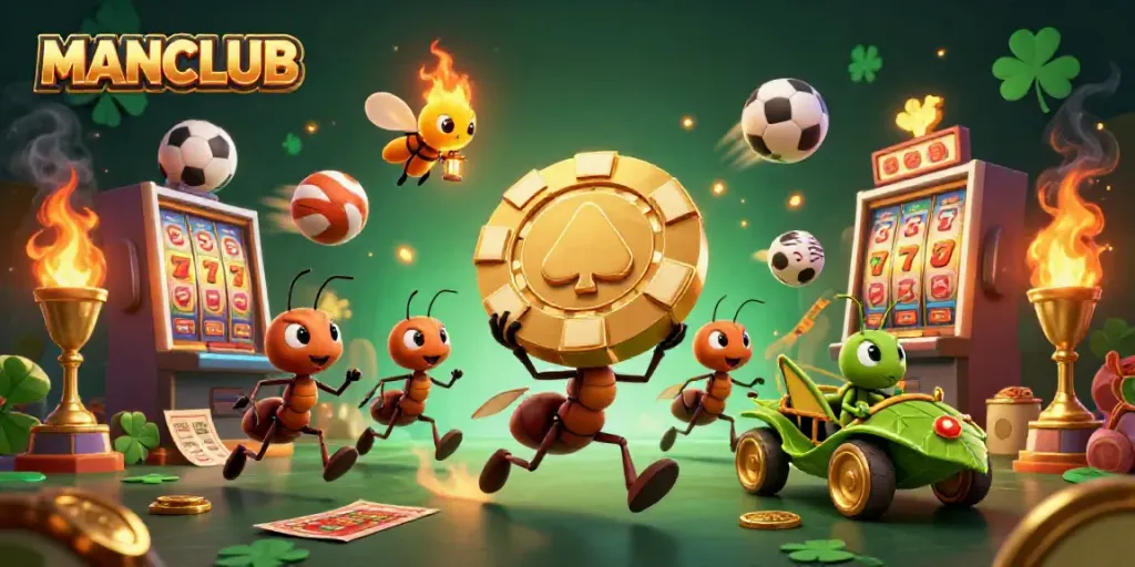 Join the MANCLUB heist as cartoon ants navigate a vibrant casino environment filled with golden rewards.
