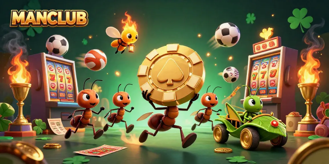 Join the MANCLUB heist as cartoon ants navigate a vibrant casino environment filled with golden rewards.