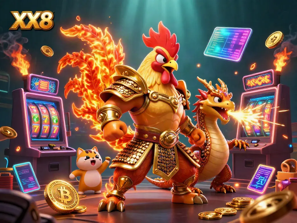 Join the thrilling action at XX8 with a fighting rooster warrior and dragon hatchling surrounded by slot machines and vibrant gaming elements.