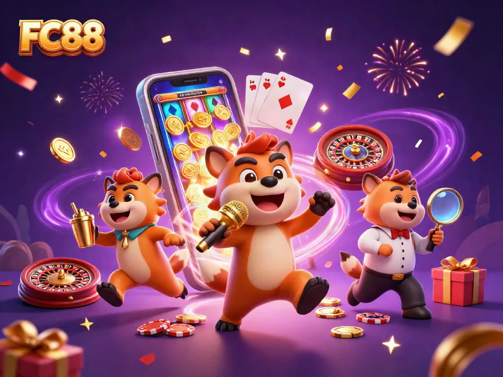 Engage in exciting gameplay with FC88's vibrant casino scene featuring entertaining hyenas.