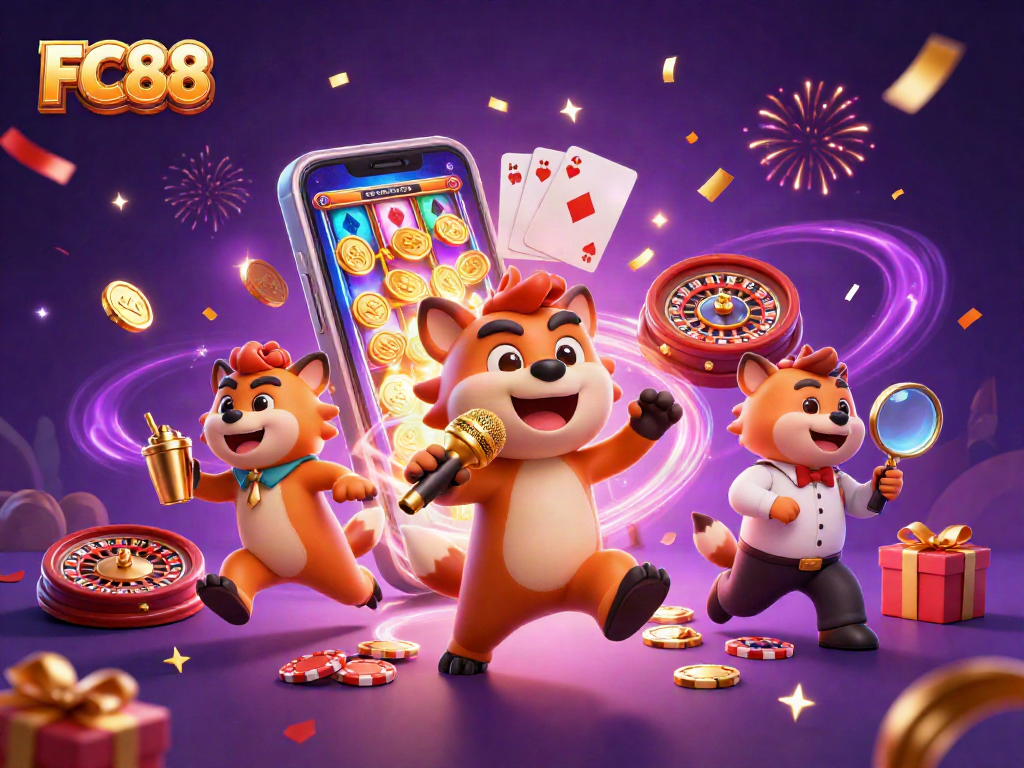 Engage in exciting gameplay with FC88's vibrant casino scene featuring entertaining hyenas.