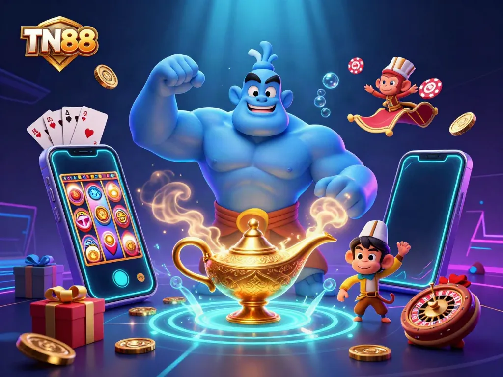 Engage in exciting gameplay with TN88 featuring magical elements like a genie and poker chips.