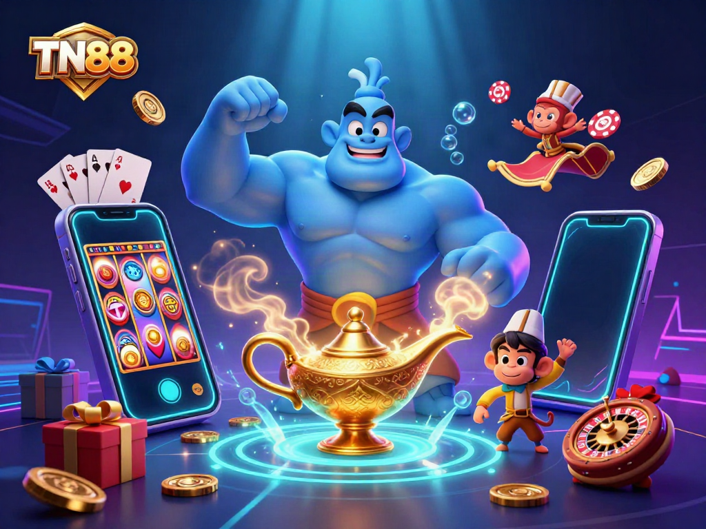 Engage in exciting gameplay with TN88 featuring magical elements like a genie and poker chips.