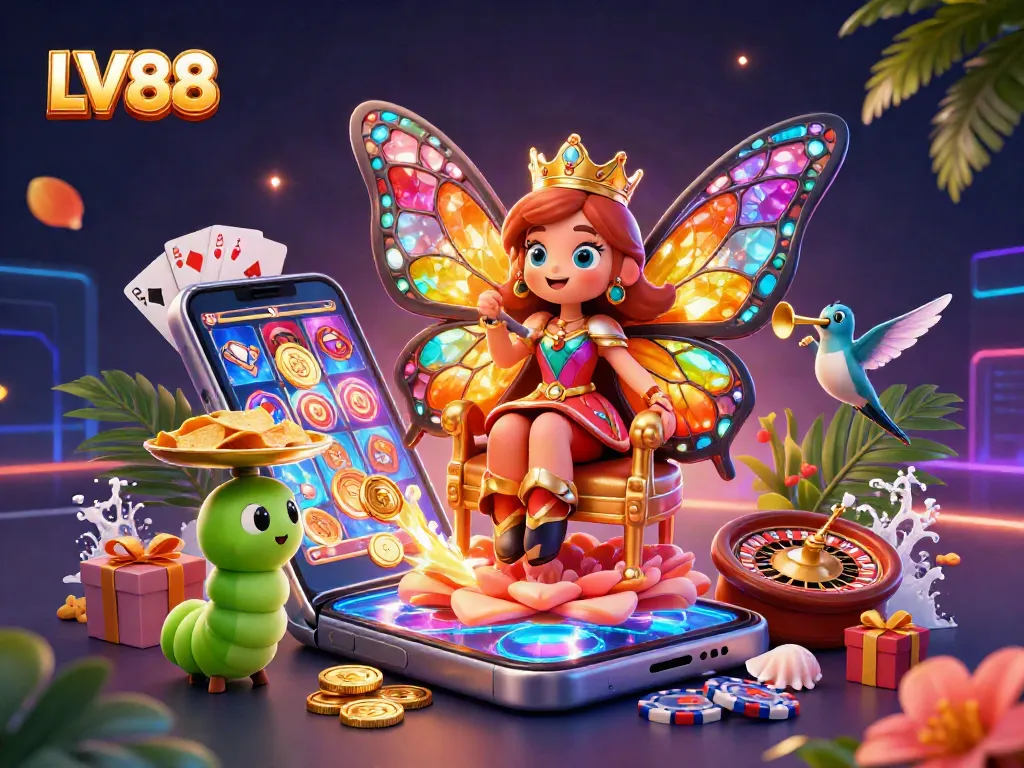 Experience fun and excitement with LV88's vibrant 3D casino illustration showcasing slots and gaming elements.