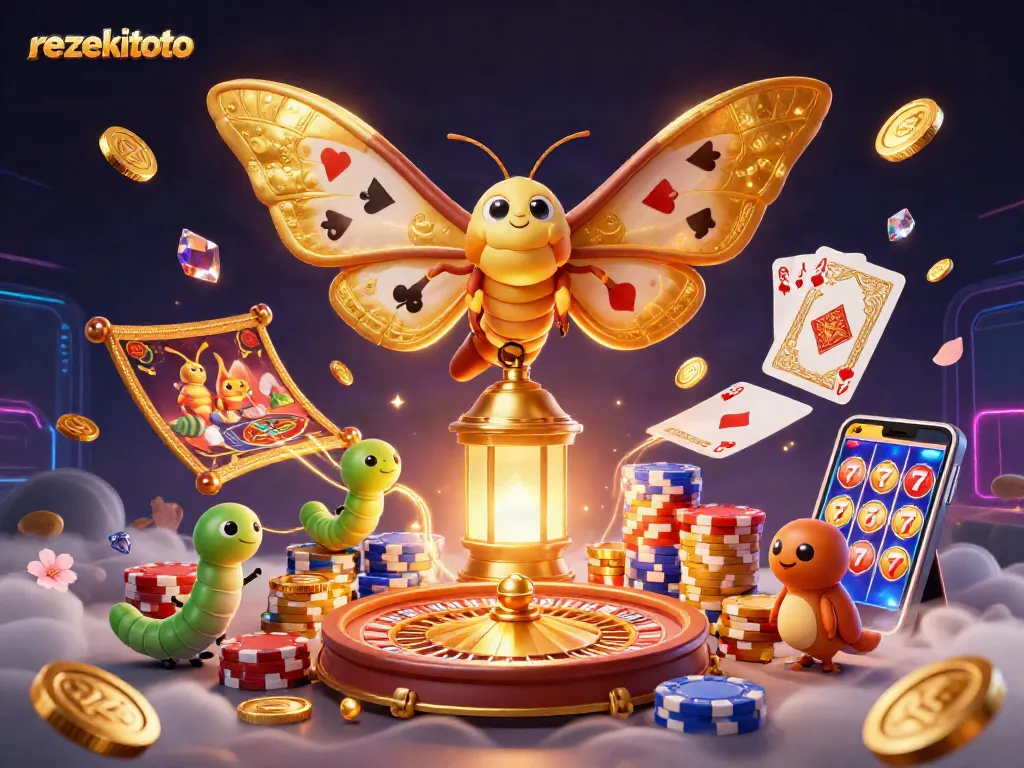 Engage with rezekitoto and its vibrant 3D casino-themed illustration showcasing gaming elements and golden motifs.