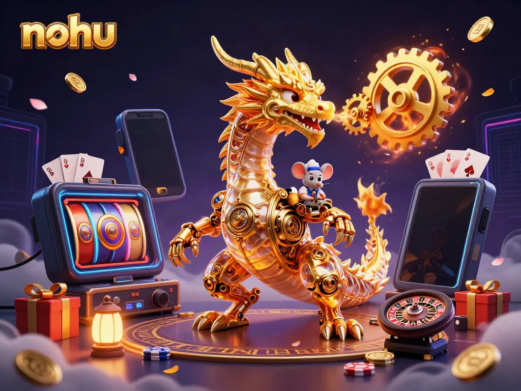 Experience thrilling play at nohu with golden dragon and vibrant slot elements in a dynamic scene.