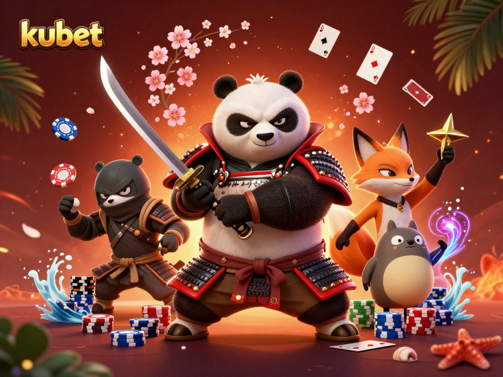 Engage with kubet's thrilling poker action featuring vibrant characters amidst lively casino elements.