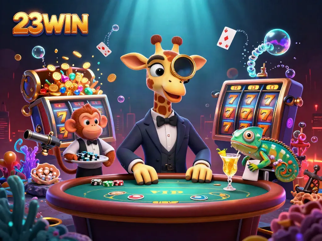 Experience the excitement at 23WIN with a high-roller giraffe and vibrant casino elements.