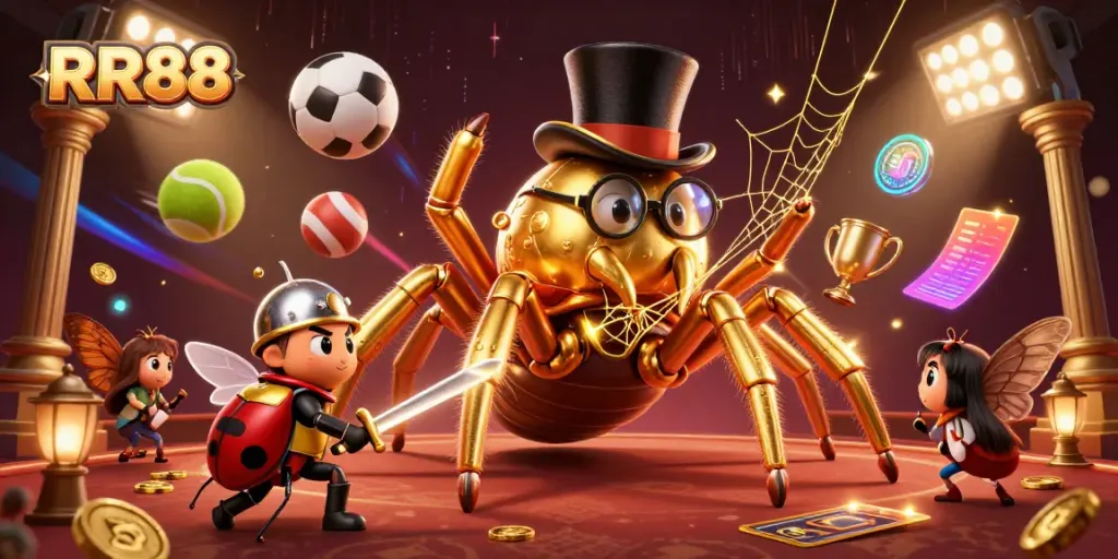 Experience thrilling moments at RR88 with a golden tarantula and knight in a dynamic casino scene.