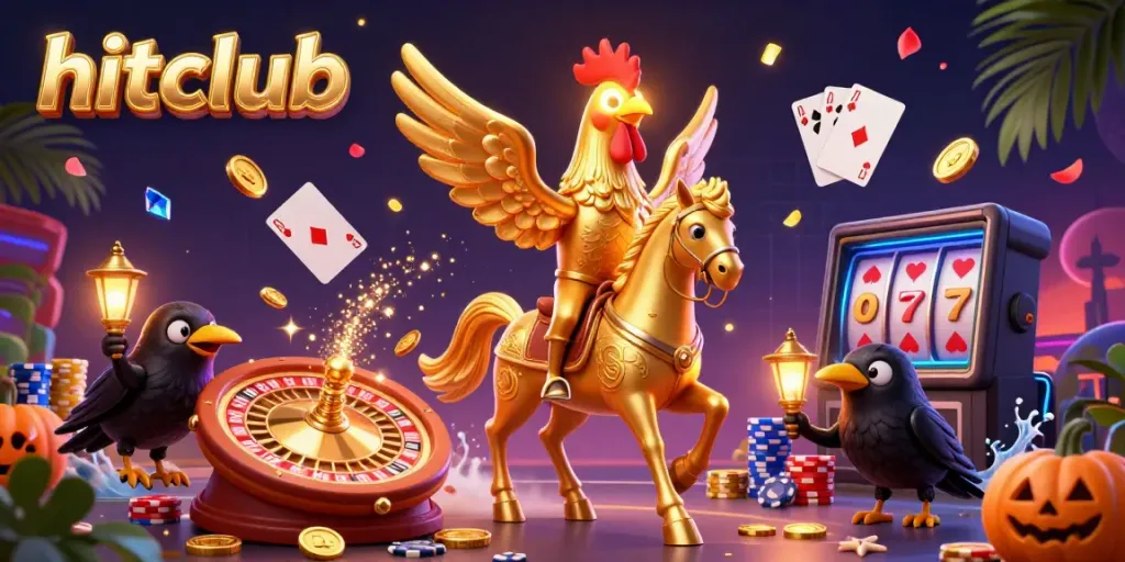 Experience the thrill of hitclub in a vibrant midnight casino scene featuring golden rooster characters surrounded by cascading jewels.