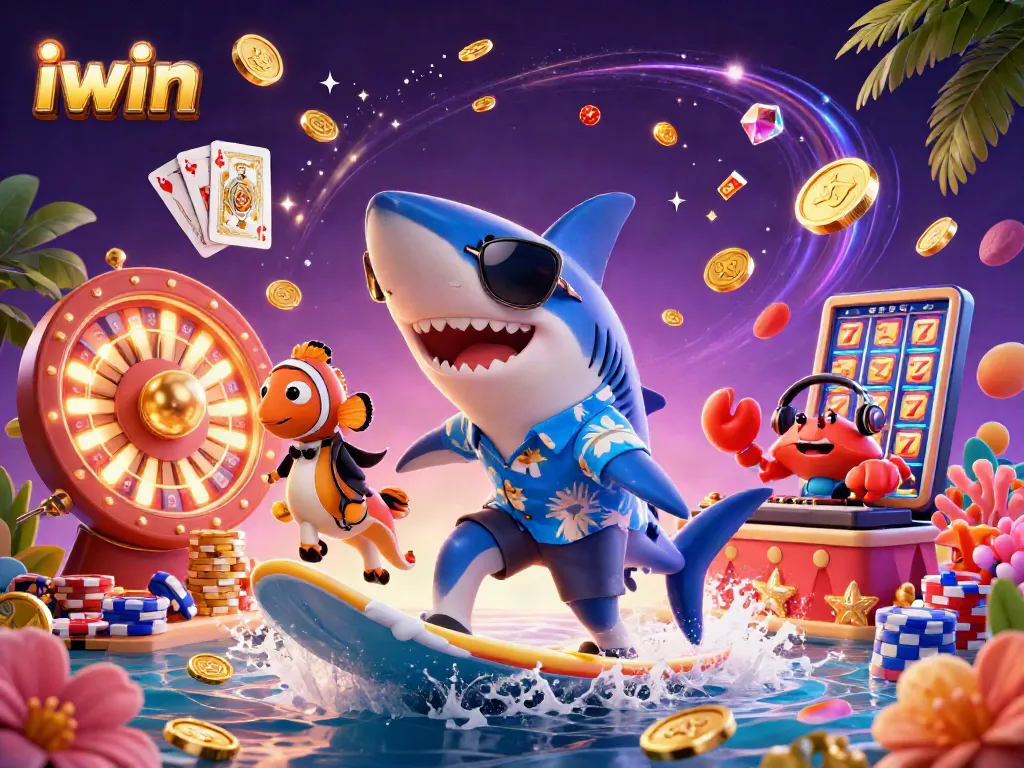 Surf with the iwin hammer-head shark amid sparkling casino gems and coins in a dynamic coral scene.