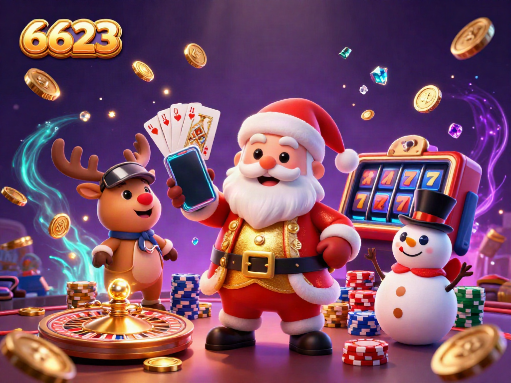 Experience thrilling jackpots at 6623 with Santa and his friends in a vibrant casino scene.