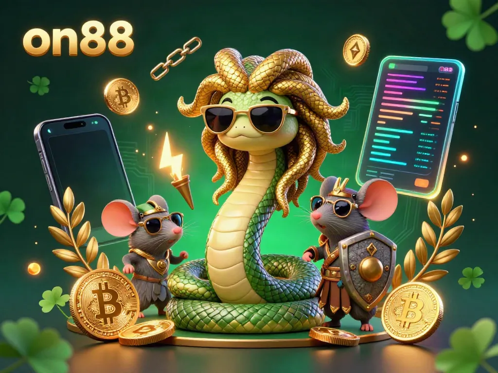 Experience thrilling gaming action at on88 with friendly characters, crypto coins, and vibrant casino elements.