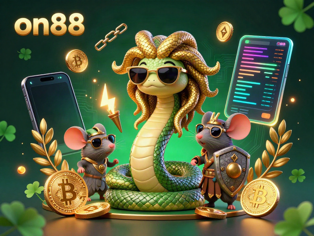 Experience thrilling gaming action at on88 with friendly characters, crypto coins, and vibrant casino elements.